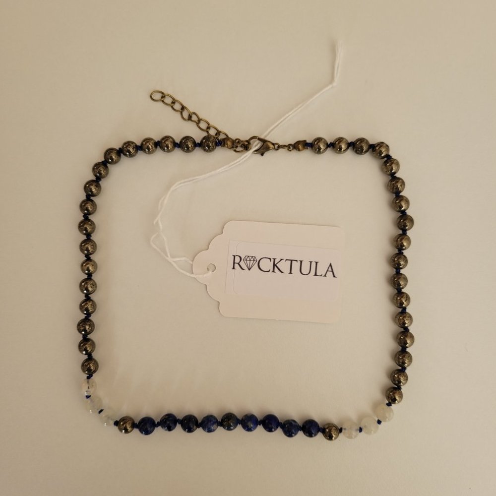 Choker Gemstone Necklace Moonstone Lapis Lazuli Pyrite Knotted Silk Rocktula NWT - Picture 2 of 3